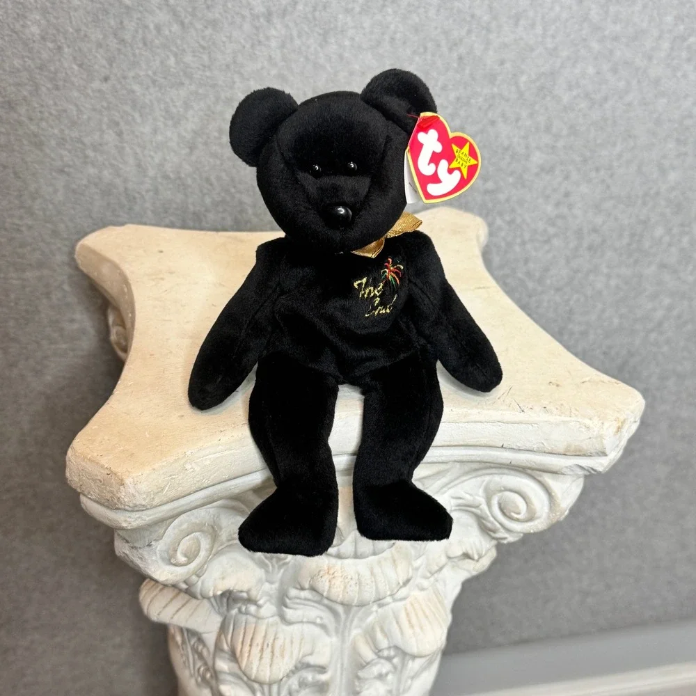 Vintage Ty Beanie Baby The End Black Bear Plush Gold Bow‎ Tie 2000 Retired